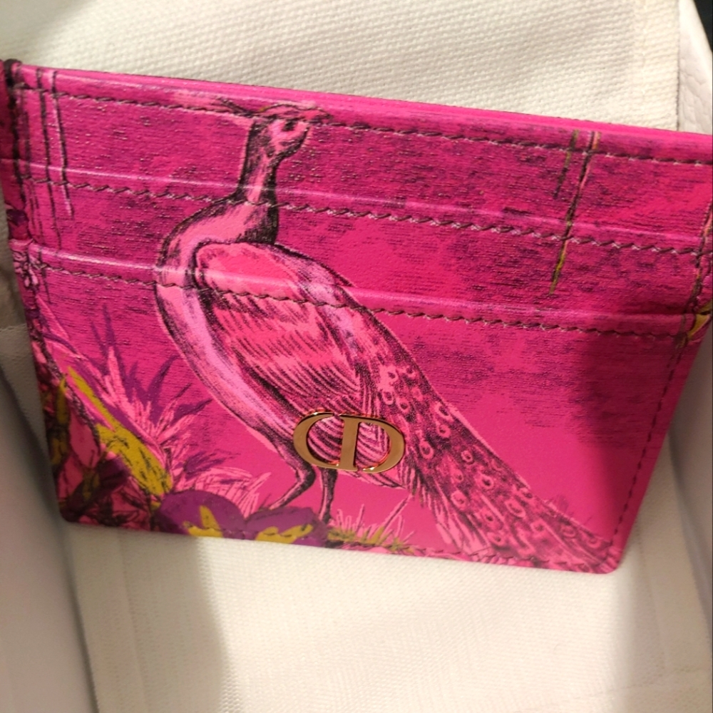 New authentic Dior Fuchsia Card Holder with Peacock Motif